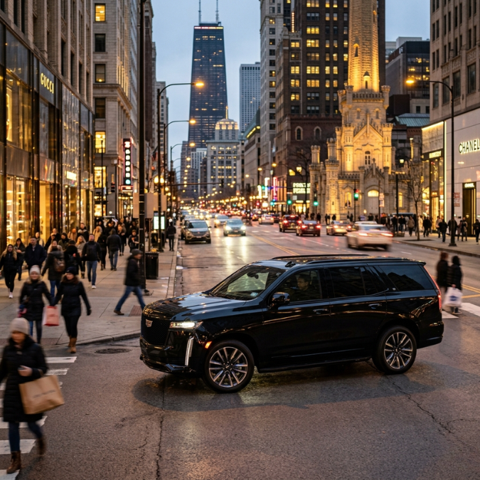 Chicago Chauffeur Service with Luxury Escalade 2026 Driving Around Downtown